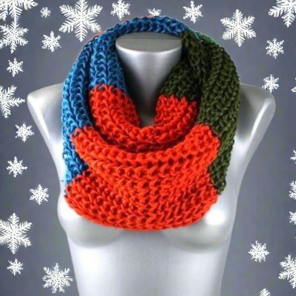 NEW Winter Knit Infinity Scarf Orange Green Blue Striped Scarf